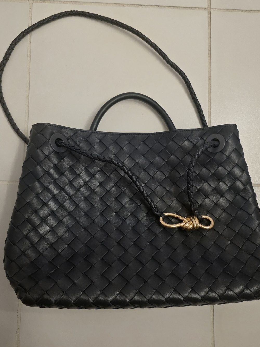 Bottega Veneta Inspired Black Woven Vegan Leather Tote with Gold Knot Accent